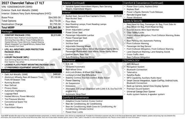 New 2027 Chevrolet Tahoe LT w/ Comfort Package RWD image 41