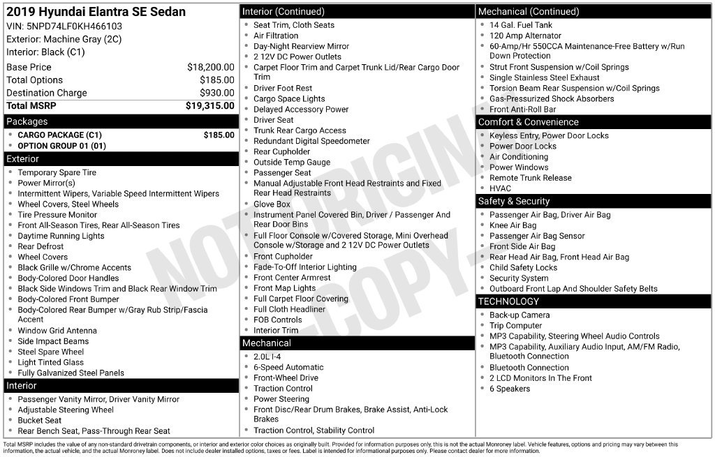 Used 2019 Hyundai Elantra SE w/ Cargo Package FWD image 2