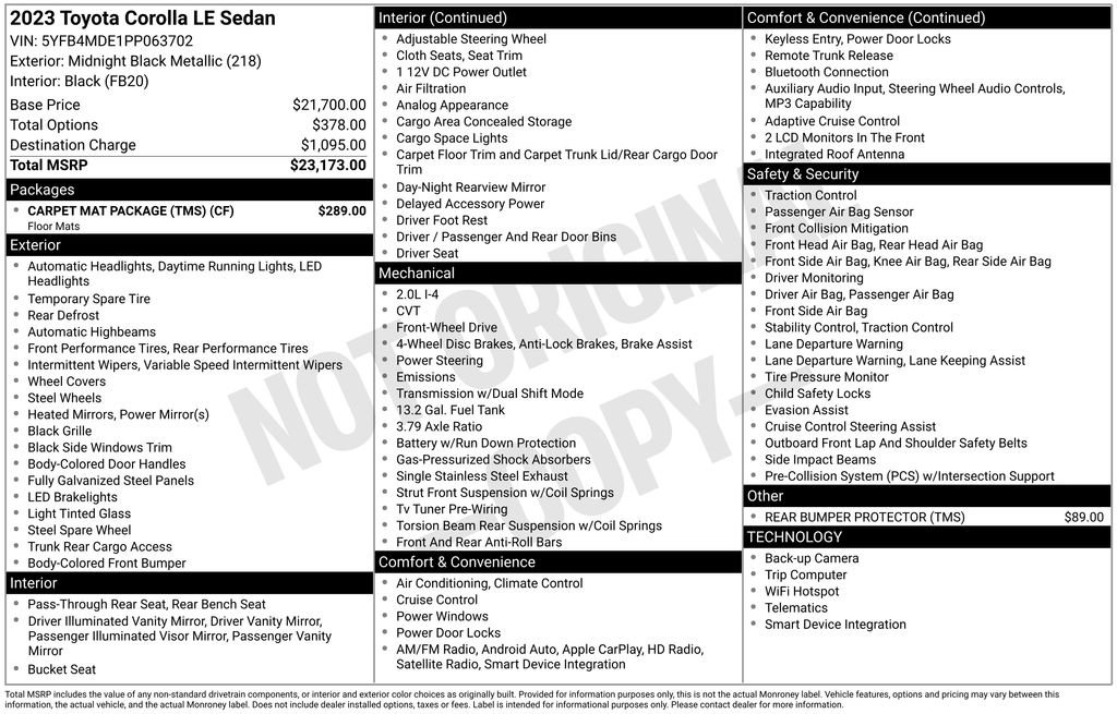 Used 2023 Toyota Corolla LE w/ Carpet Mat Package (TMS) FWD image 6