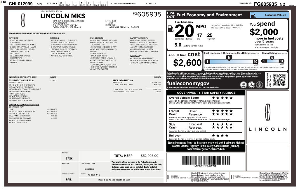 Used 2015 Lincoln MKS AWD w/ Equipment Group 201A image 4
