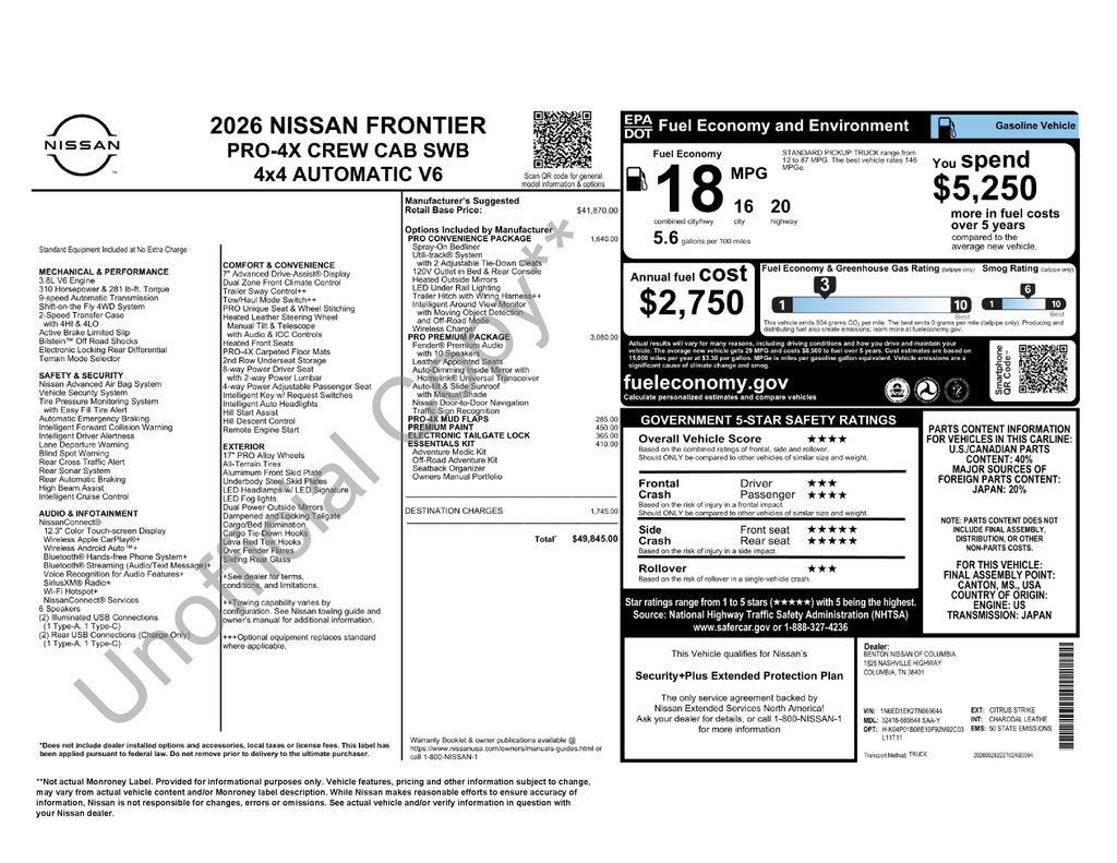 New 2026 Nissan Frontier PRO-4X w/ Pro Premium Package AWD/4WD image 5