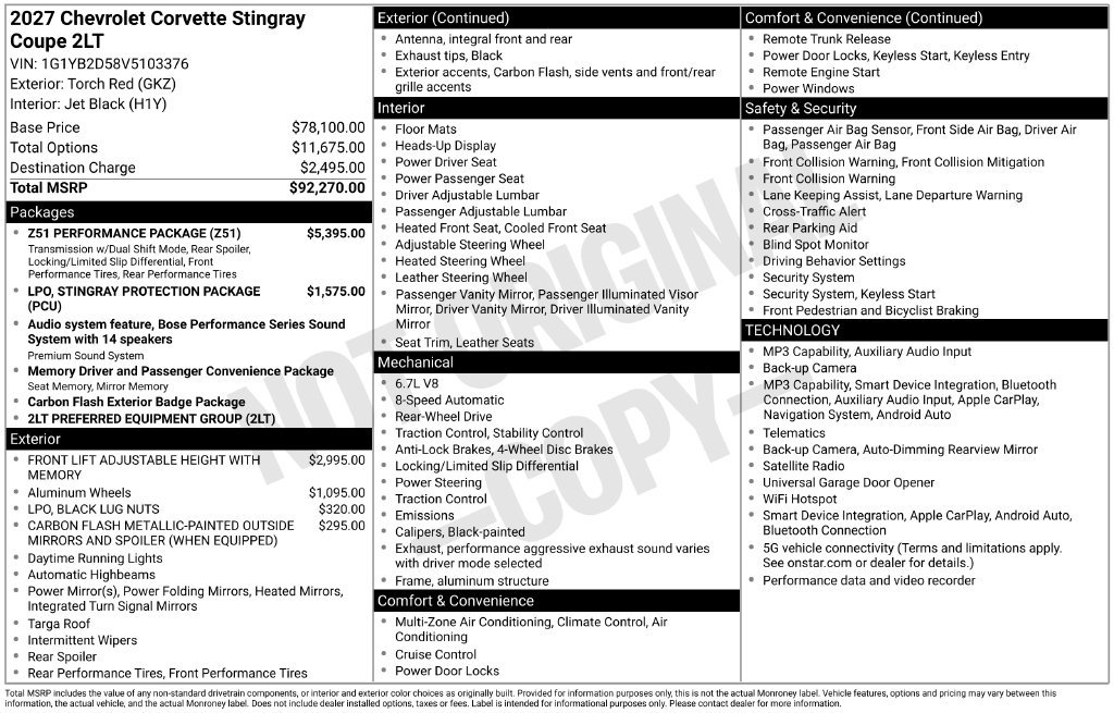 New 2027 Chevrolet Corvette Stingray Coupe w/ Z51 Performance Package RWD image 6