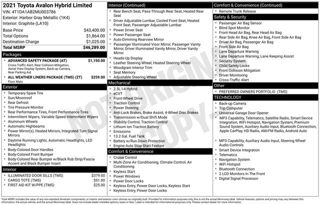 Used 2021 Toyota Avalon Limited w/ Advanced Safety Package FWD image 28