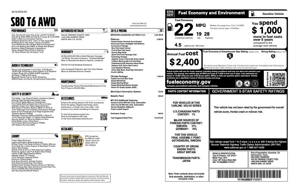 Used 2015 Volvo S80 T6 Platinum image 2