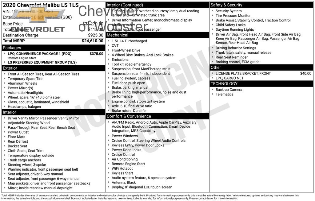 Used 2020 Chevrolet Malibu LS w/ LPO, Convenience Package 1 image 16