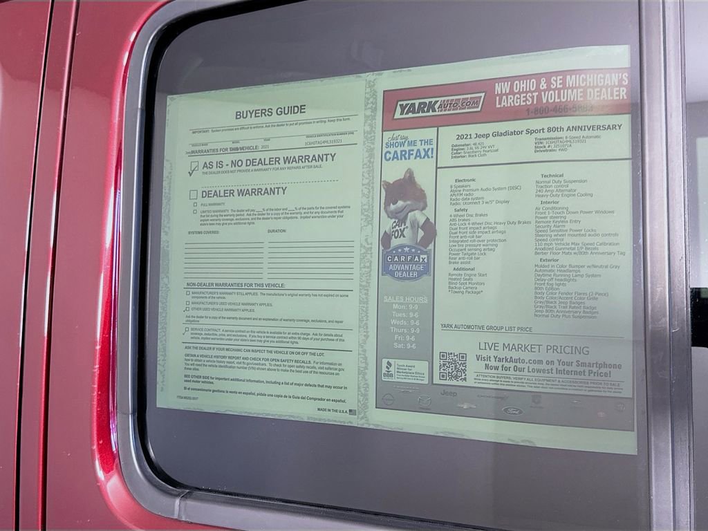 Certified 2021 Jeep Gladiator Sport w/ Quick Order Package 24Q 80Th image 14