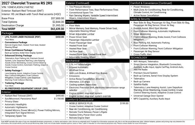New 2027 Chevrolet Traverse RS w/ LPO, Floor Liner Package AWD/4WD image 5