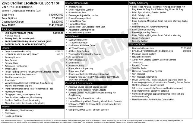 New 2026 Cadillac Escalade IQL Sport 1 w/ LPO, ONYX Package AWD/4WD image 29