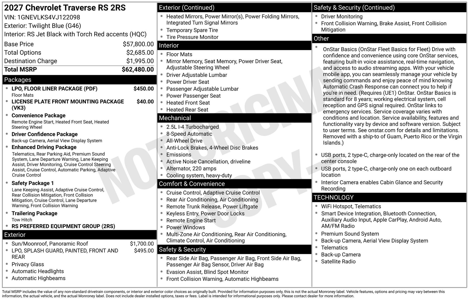 New 2027 Chevrolet Traverse RS w/ LPO, Floor Liner Package AWD/4WD image 3