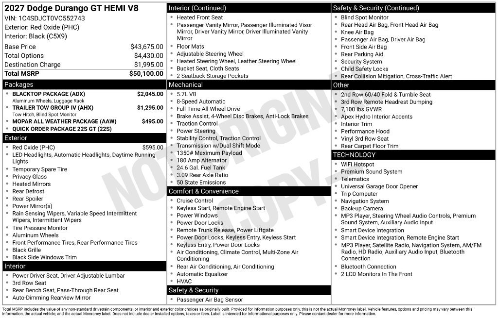 New 2027 Dodge Durango GT w/ Blacktop Package AWD/4WD image 6