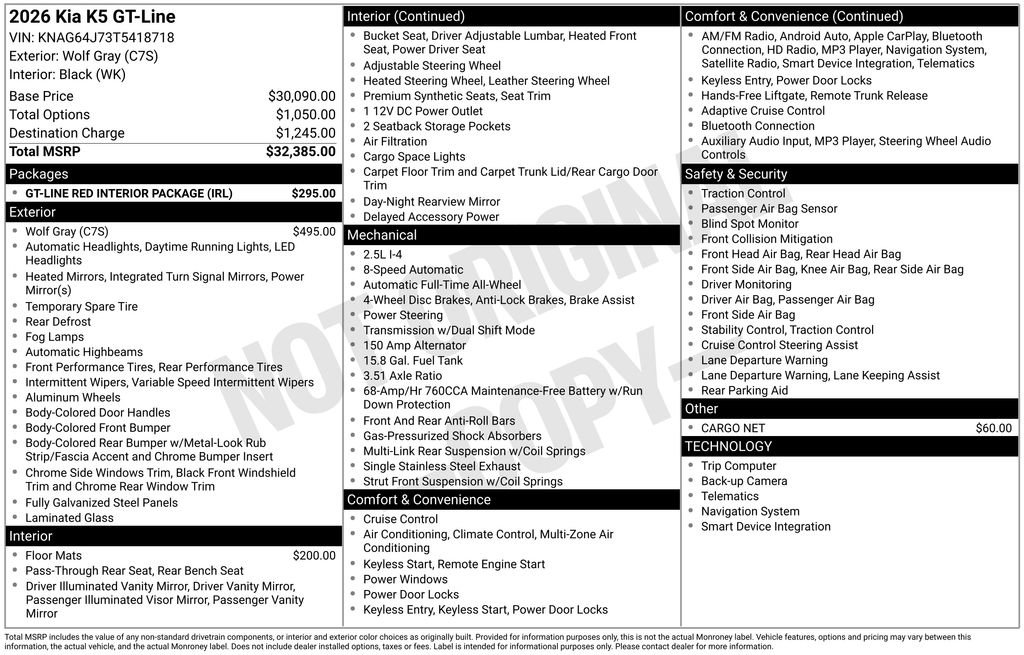 New 2026 Kia K5 GT-Line w/ GT-Line Red Interior Package AWD/4WD image 32