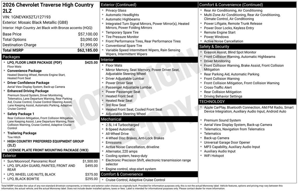 Certified 2026 Chevrolet Traverse High Country w/ LPO, Floor Liner Package AWD/4WD image 5