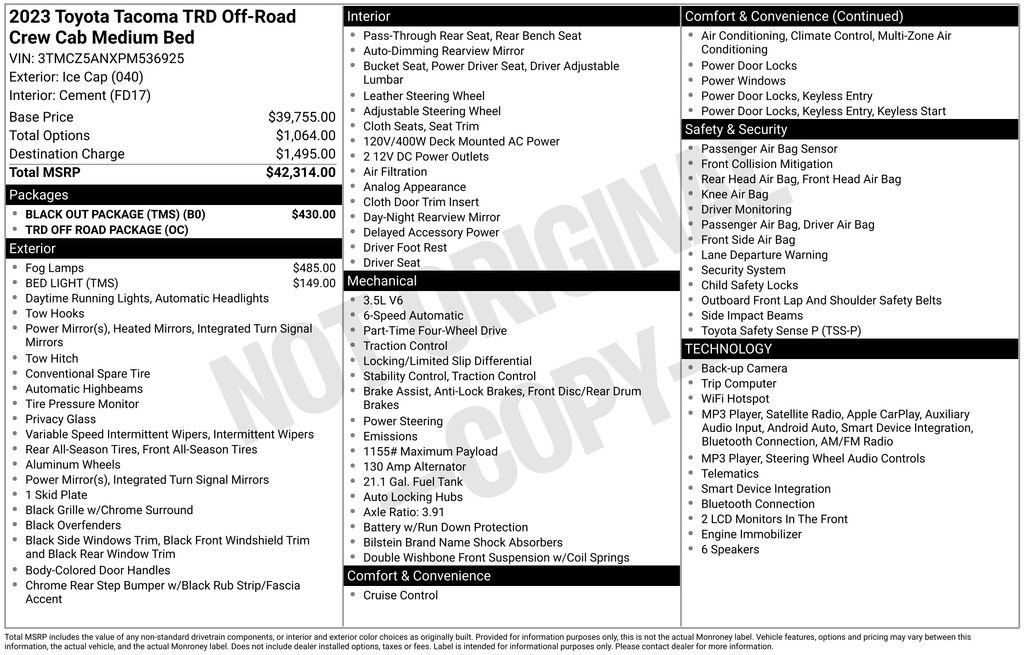 Used 2023 Toyota Tacoma TRD Off-Road w/ Black Out Package (TMS) AWD/4WD image 34