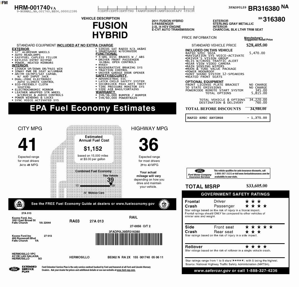 Used 2011 Ford Fusion Hybrid w/ 502A Rapid Spec Order Code
