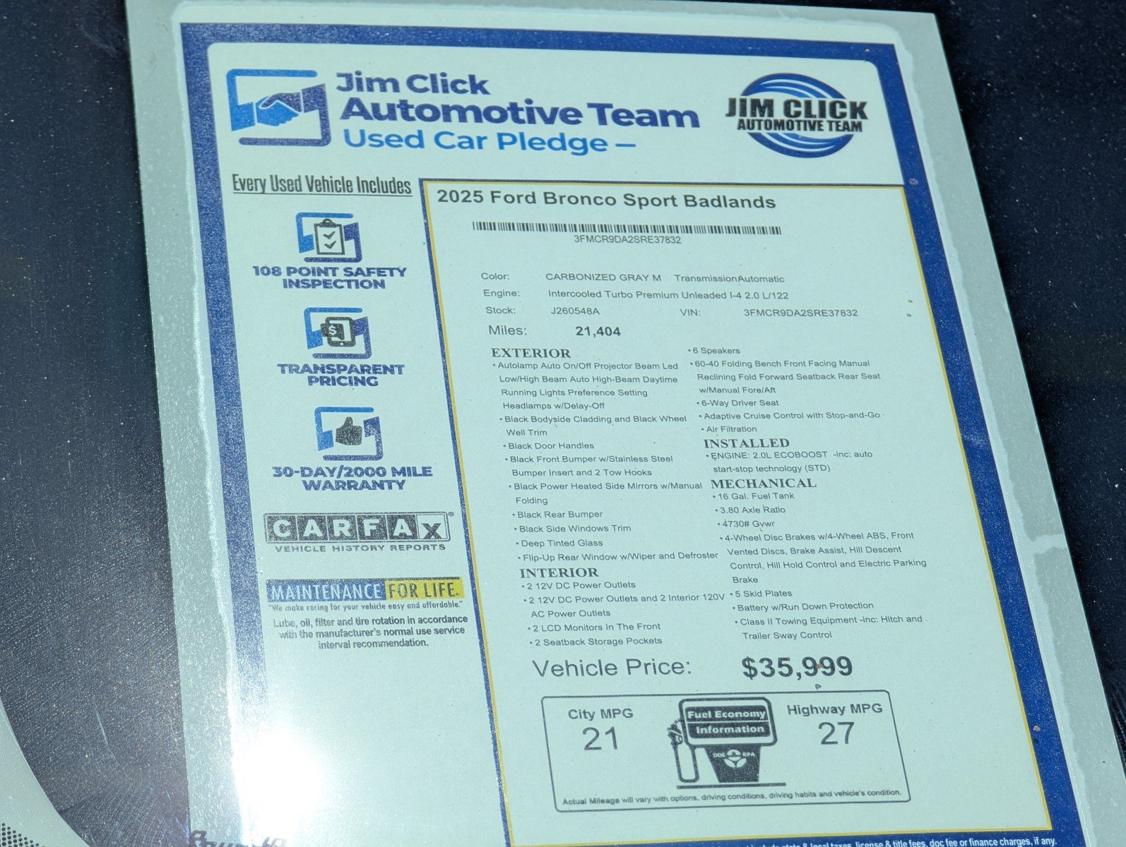Certified 2025 Ford Bronco Sport Badlands w/ Sasquatch Badlands Package AWD/4WD image 13