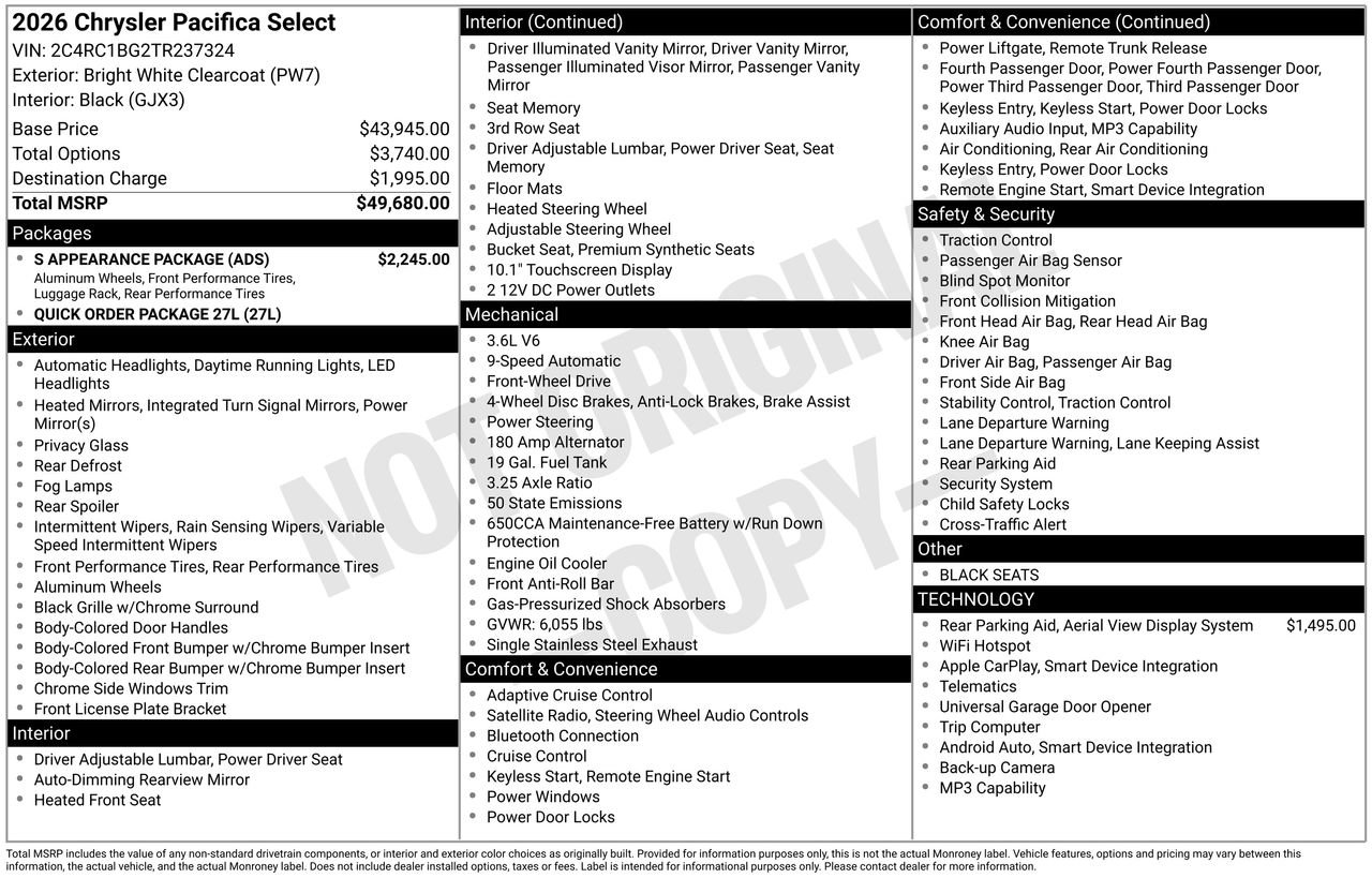 New 2026 Chrysler Pacifica Select w/ S Appearance Package image 26