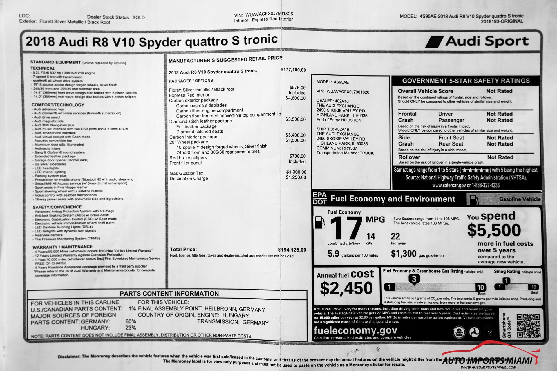 Used 2018 Audi R8 V10 w/ Carbon Exterior Package AWD/4WD image 86