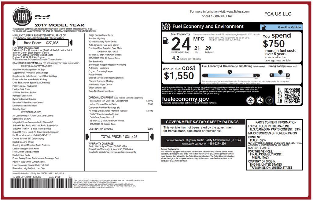 Used 2017 FIAT 500X Lounge w/ Lounge Premium Package (AWD) image 3