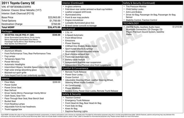 Used 2011 Toyota Camry SE w/ SE Extra-Value Pkg #1 FWD image 7