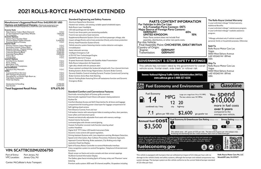 Certified 2021 Rolls-Royce Phantom Extended Wheelbase RWD image 1