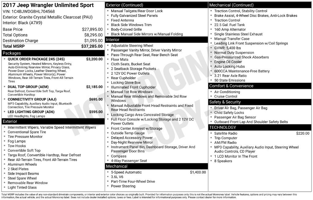 Certified 2017 Jeep Wrangler Unlimited Sport w/ Quick Order Package 24S AWD/4WD image 4