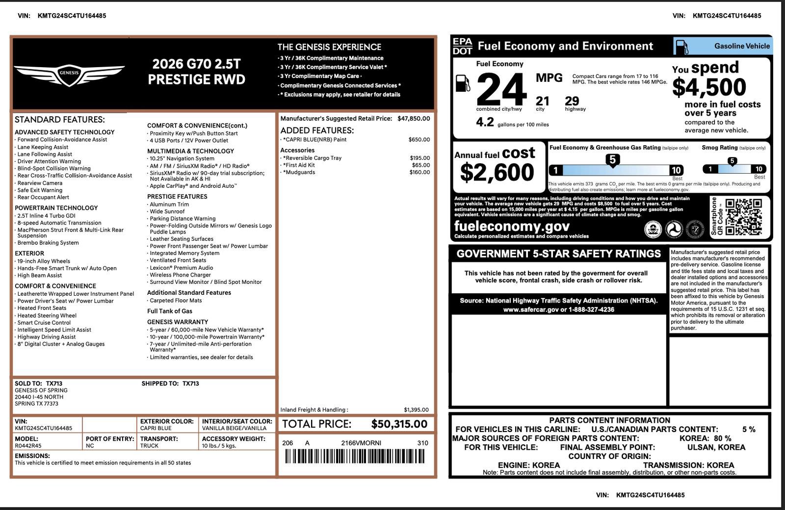 Certified 2026 Genesis G70 2.5T Prestige image 3
