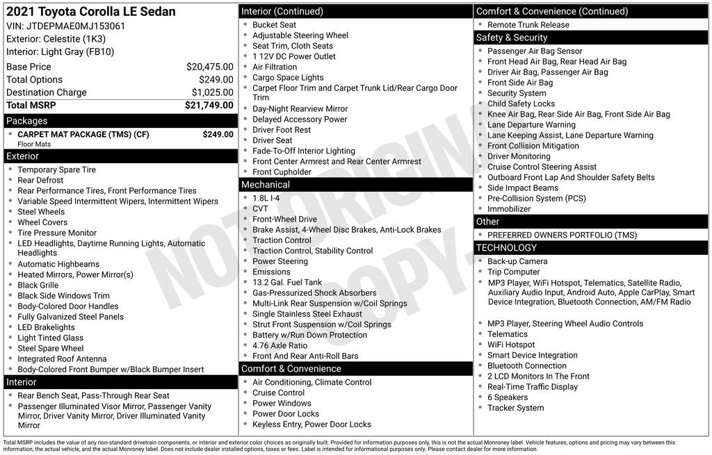 Used 2021 Toyota Corolla LE w/ Carpet Mat Package (TMS) FWD image 8