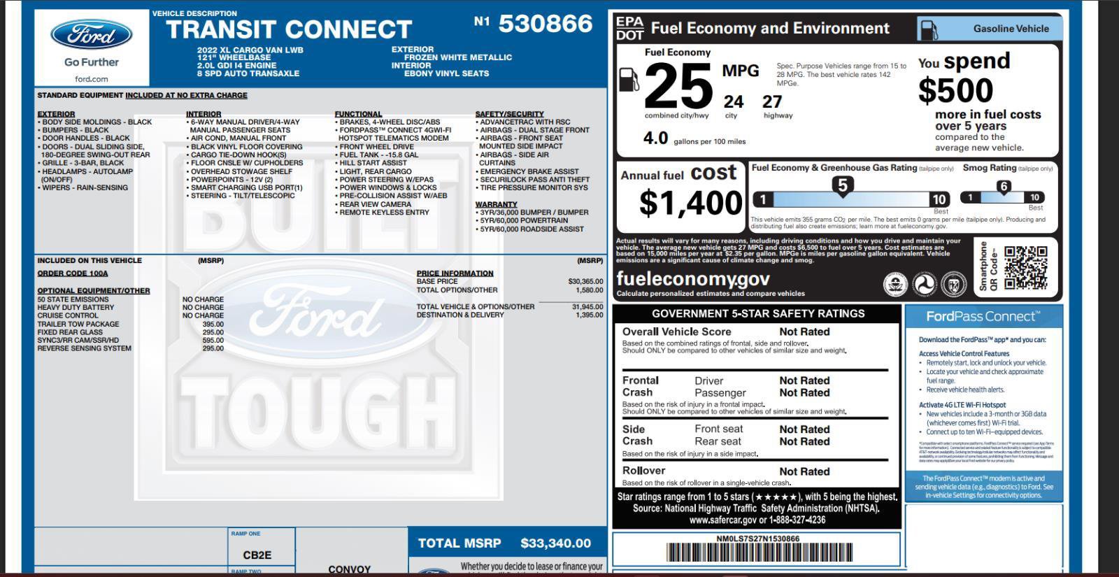 Used 2022 Ford Transit Connect XL w/ Trailer Tow Package FWD image 4