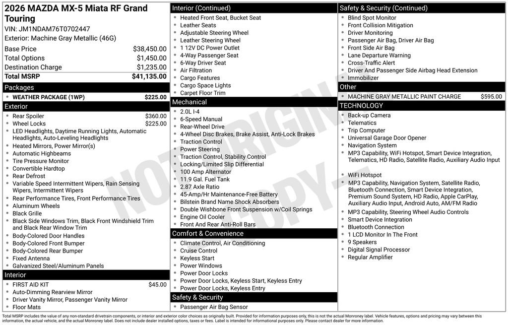 New 2026 MAZDA MX-5 Miata RF Grand Touring w/ Weather Package RWD image 6