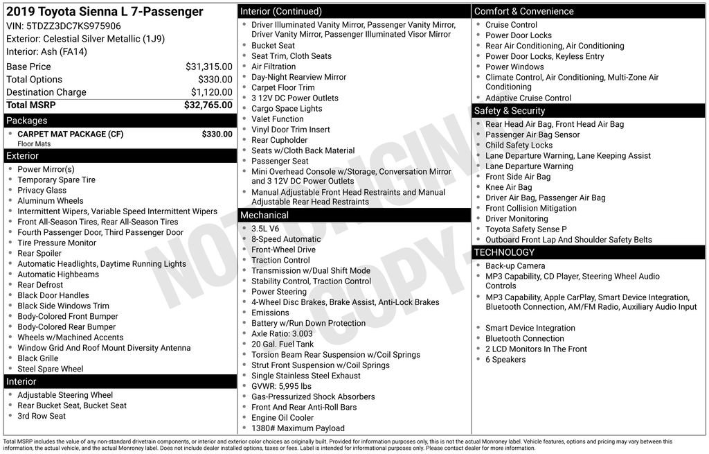 Used 2019 Toyota Sienna L w/ Carpet Mat Package FWD image 25