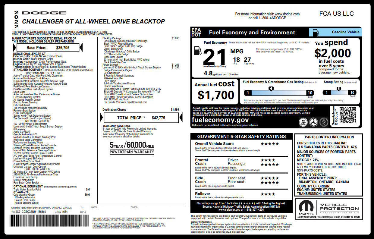 Used 2022 Dodge Challenger GT w/ Blacktop Package AWD/4WD image 5