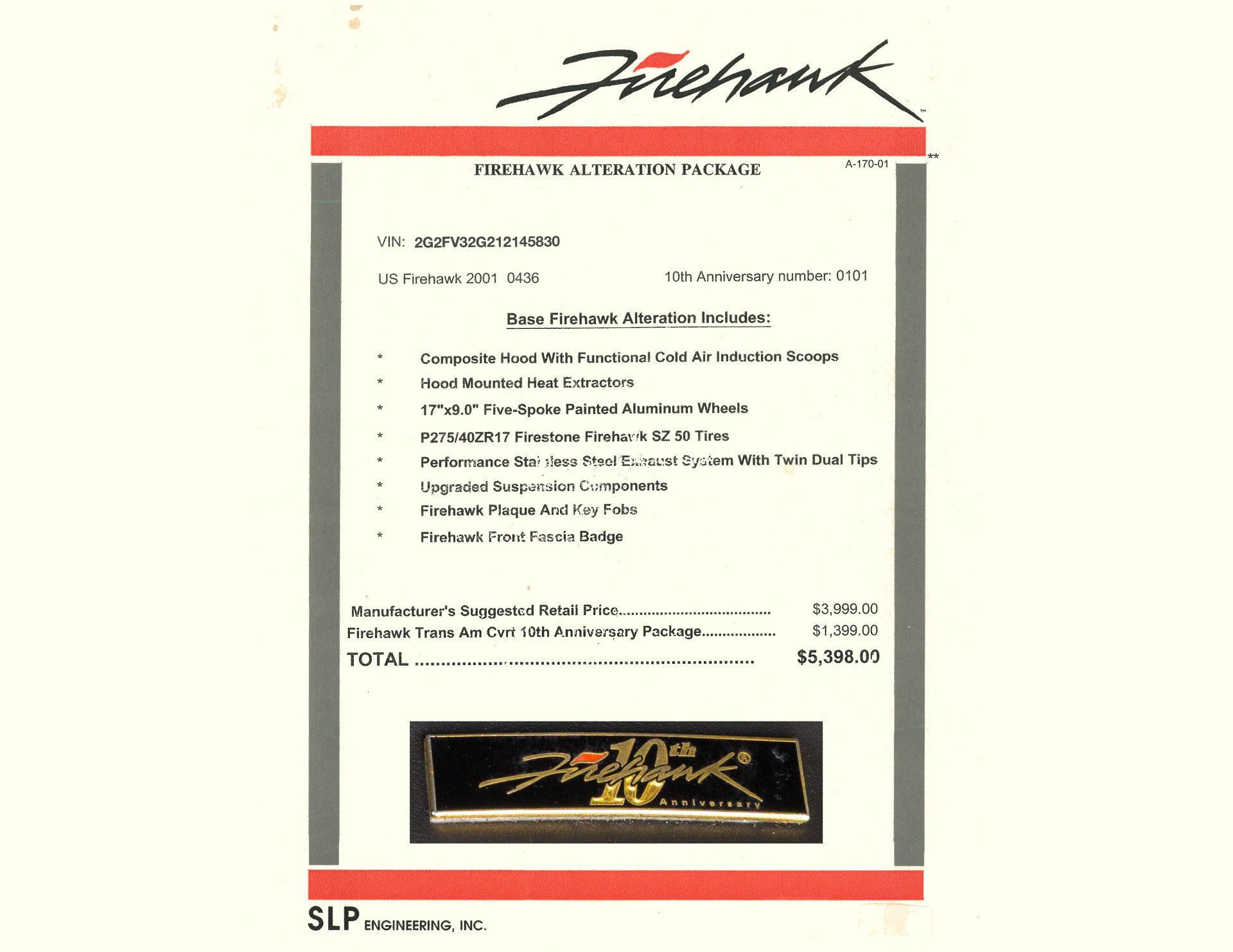 Used 2001 Pontiac Firebird Trans Am w/ SLP Firehawk Pkg RWD image 9