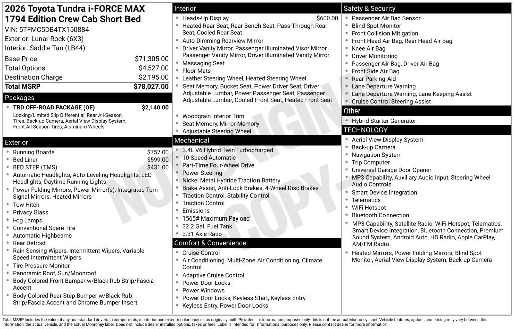 New 2026 Toyota Tundra 1794 Edition w/ TRD Off-Road Package AWD/4WD image 41