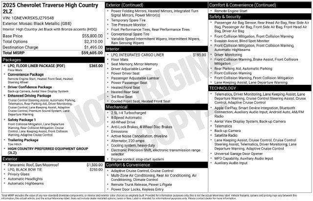 Certified 2025 Chevrolet Traverse High Country w/ LPO, Floor Liner Package AWD/4WD image 9