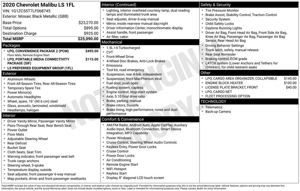 Used 2020 Chevrolet Malibu LS w/ LPO, Convenience Package 2 FWD image 17