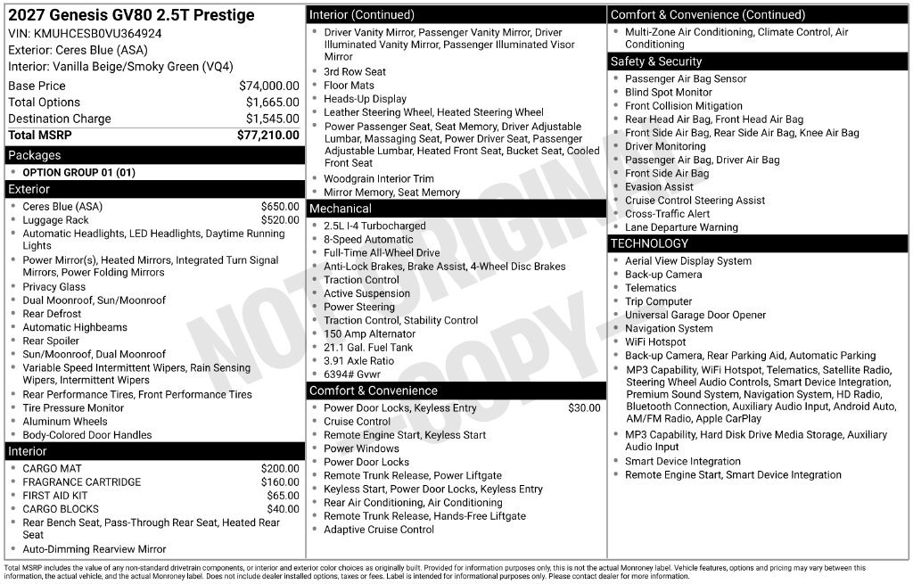 New 2027 Genesis GV80 2.5T Prestige AWD/4WD image 16