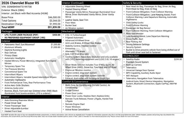 New 2026 Chevrolet Blazer RS w/ LPO, Floor Liner Package AWD/4WD image 3