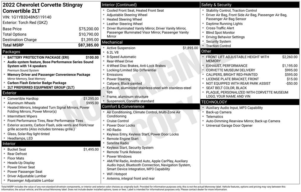 Used 2022 Chevrolet Corvette Stingray Preferred Conv w/ Battery Protection Package RWD image 43