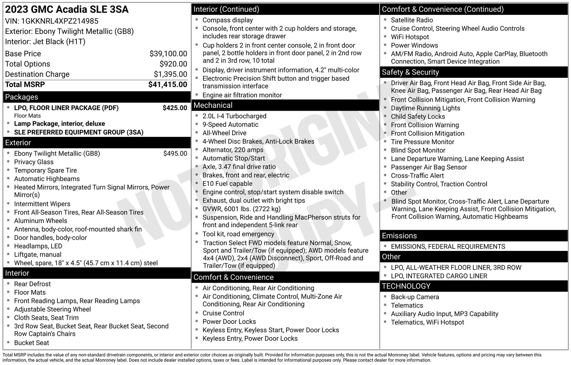 Used 2023 GMC Acadia SLE w/ LPO, Floor Liner Package image 4