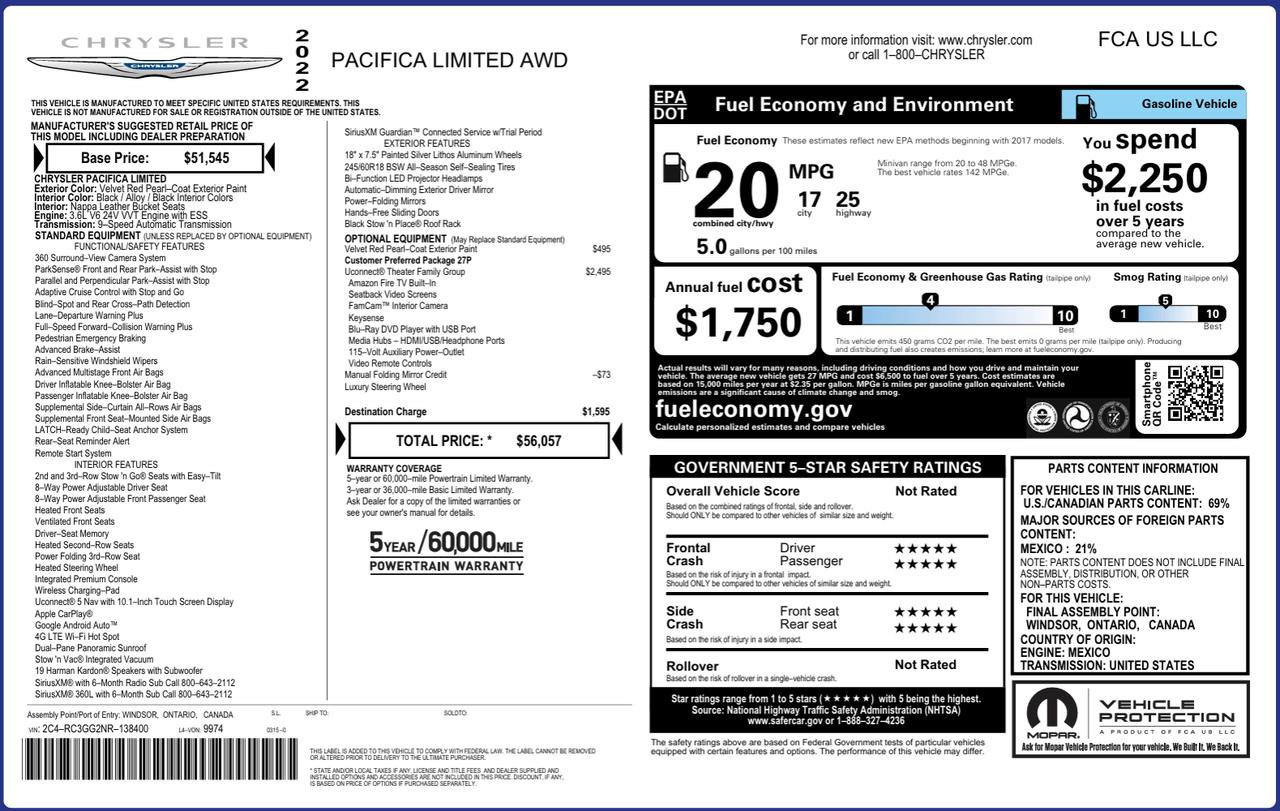 Used 2022 Chrysler Pacifica Limited w/ Uconnect Theater Family Group image 72