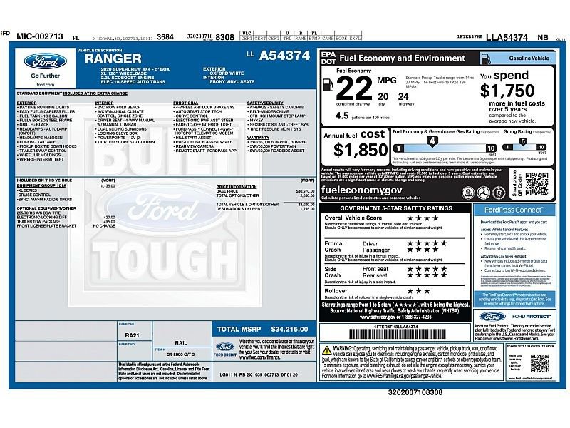 Used 2020 Ford Ranger XL w/ Equipment Group 101A Mid AWD/4WD image 2