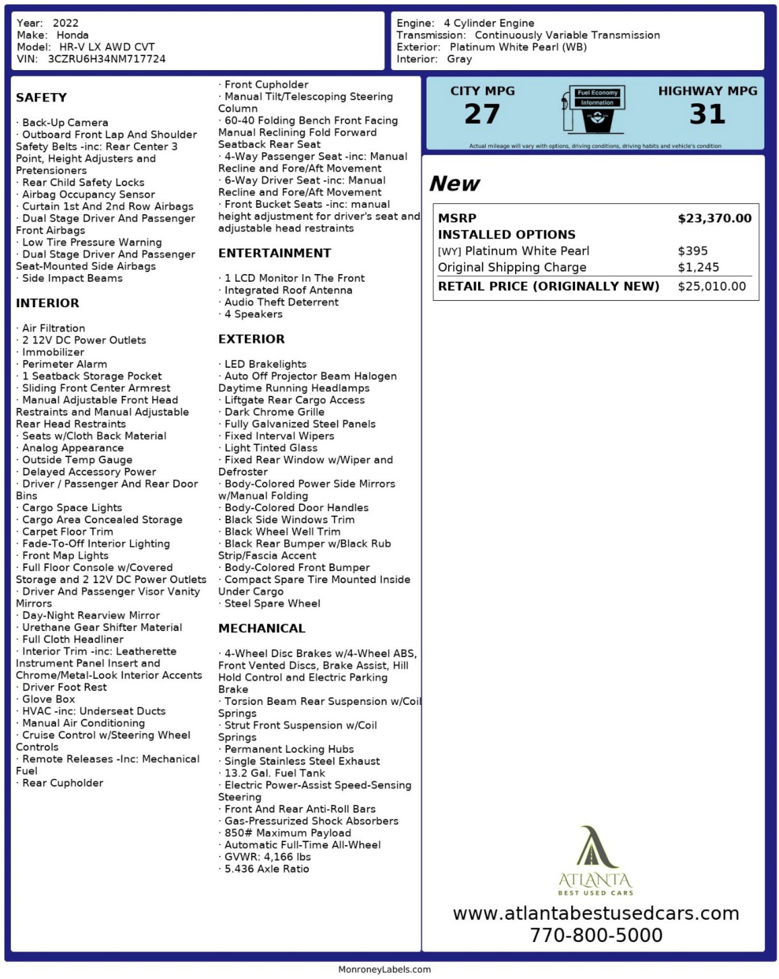 Used 2022 Honda HR-V LX image 47