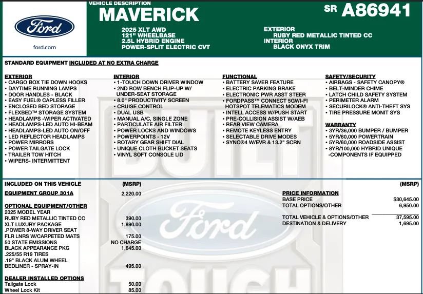 Used 2025 Ford Maverick XLT w/ Equipment Group 301A AWD/4WD image 2