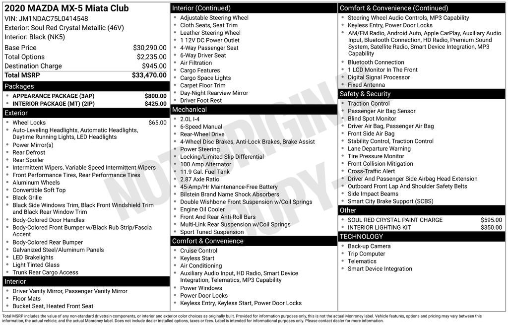 Used 2020 MAZDA MX-5 Miata Club w/ Appearance Package RWD image 5