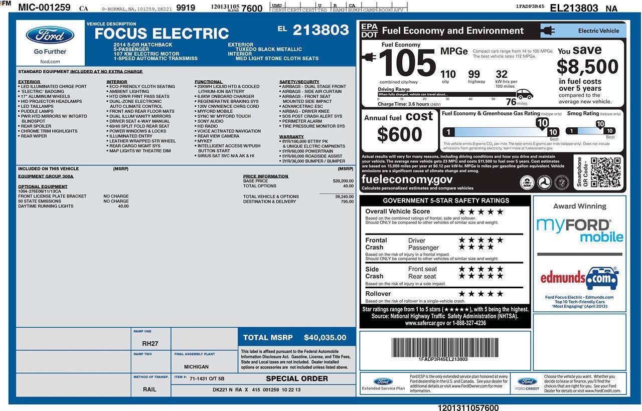 Used 2014 Ford Focus Electric Hatchback FWD image 3