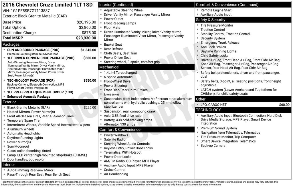 Used 2016 Chevrolet Cruze LT w/ Sun And Sound Package image 2