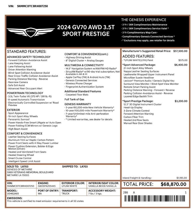 Used 2024 Genesis GV70 3.5T Sport w/ Sport Prestige Package AWD/4WD image 2