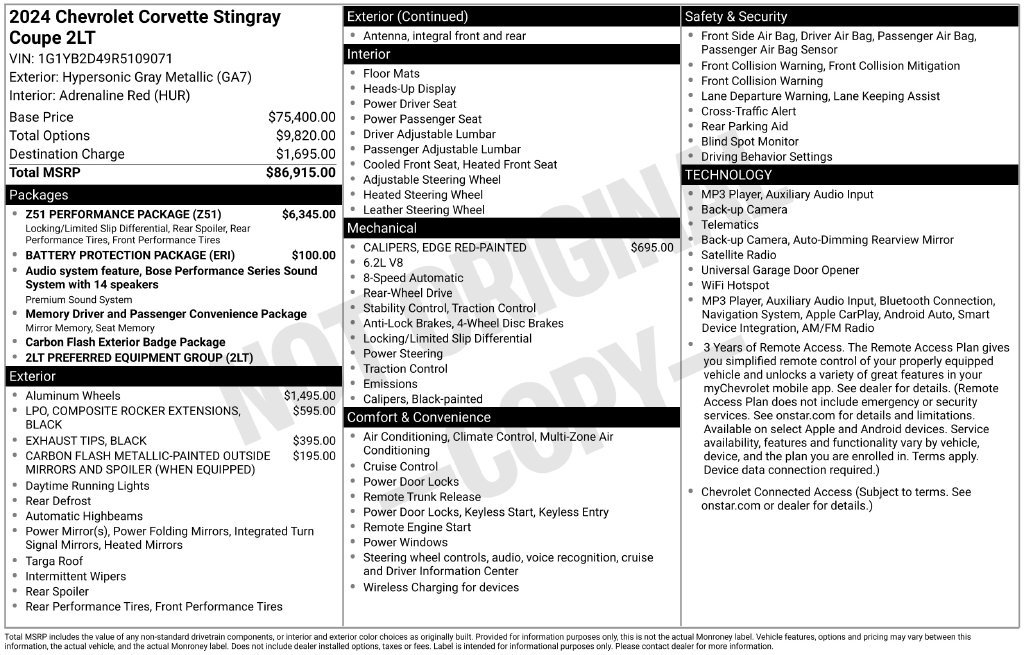 Used 2024 Chevrolet Corvette Stingray Preferred Cpe w/ Z51 Performance Package RWD image 52