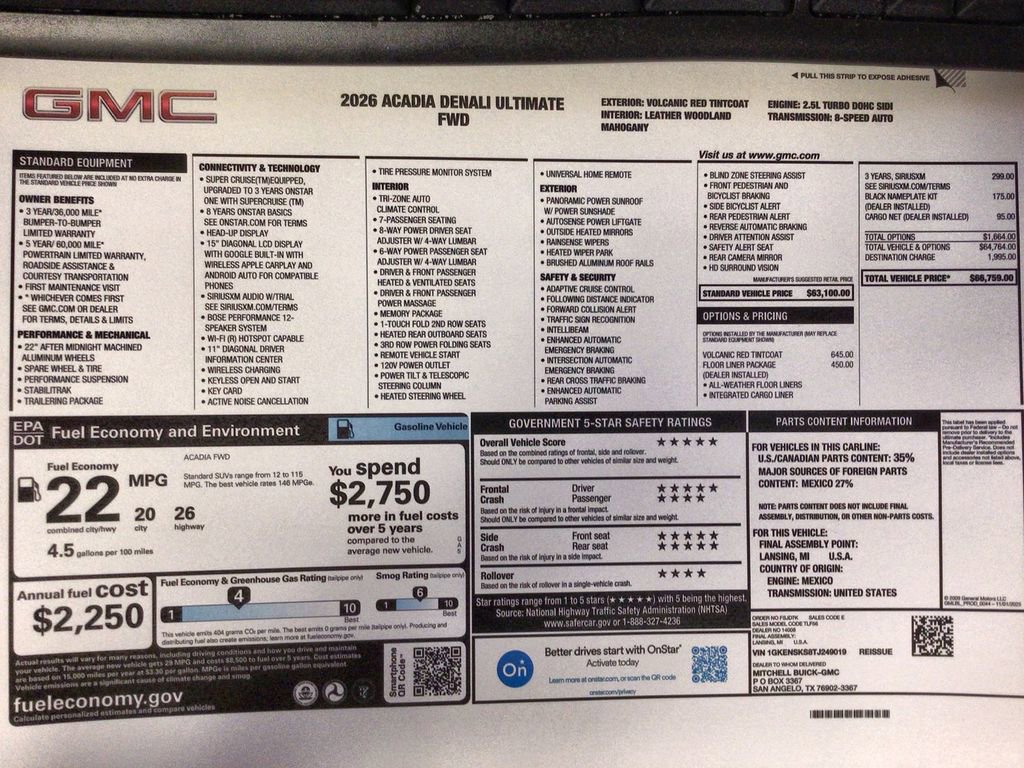 Used 2026 GMC Acadia Denali Ultimate w/ LPO, Floor Liner Package FWD image 37