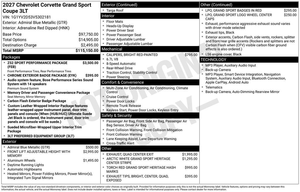 New 2027 Chevrolet Corvette Grand Sport w/ Z52 Sport Performance Package RWD image 11